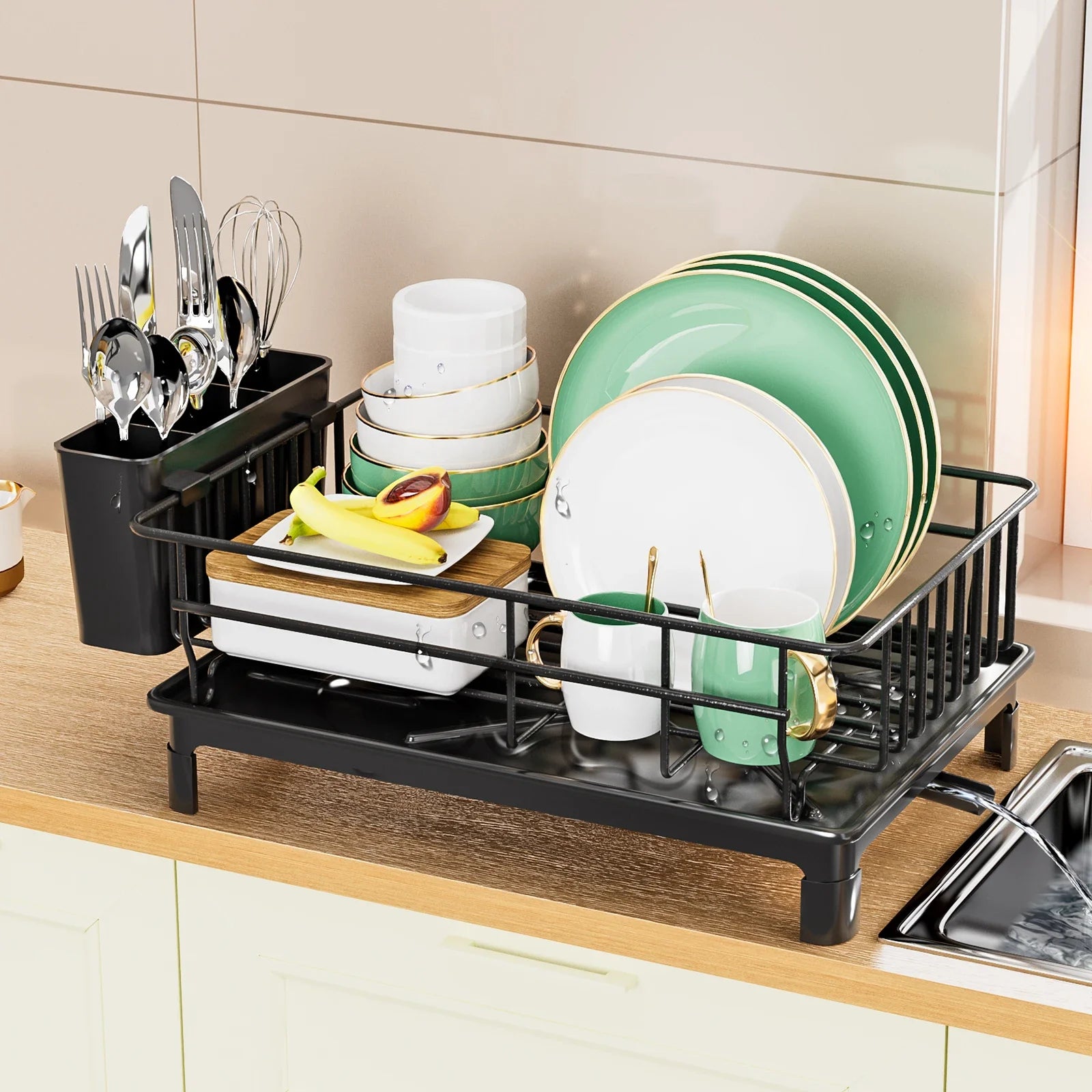 Modern 360° drain dish drying rack on kitchen countertop with dishes


